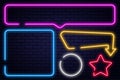 Set of neon signs, arrow, rectangle, square, circle and star. Neon light frame, glowing bulb banner