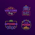 Set of neon signs, bright signage. Casino, gaming, gambling, roulette. Royalty Free Stock Photo