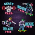 Set of neon skate park sign on brick wall background. Vector illustration.