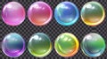 A set of neon soap bubbles, iridescent glass balls or spheres, isolated on transparent background. Water foam, shiny Royalty Free Stock Photo