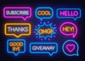 Set of neon speech bubbles signs subscribe, omg, hello, giveaway, cool, goodbye, thank you, like.