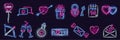 Set of neon Valentine's Day icons on dark brick wall background: heart with arrow, letter, chat, gift box, heartshape