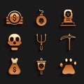 Set Neptune Trident, Pirate flag, Bear paw footprint, Pickaxe, Old money bag, Skull, Grave with tombstone and Ancient