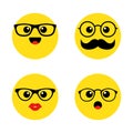 Set of nerd emoticons with glasses. Kawai cute faces. Funny emoticons. Flat icons. Vector illustration.