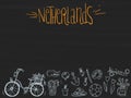 Set of Netherlands icon doodles on chalkboard. Hand drawn sketched. Vector Illustration.