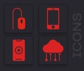 Set Network cloud connection, Computer mouse, Mobile phone and Online play video icon. Vector Royalty Free Stock Photo