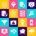 Set Network cloud connection, Mobile with exclamation mark, Server, Data, Web Hosting, and gear, shield, Shield settings