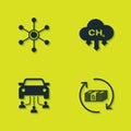 Set Network, Refund money, Car sharing and Methane emissions reduction icon. Vector