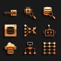 Set Neural network, Algorithm, Artificial intelligence robot, Cloud database, Server, Data, and Binary code icon. Vector Royalty Free Stock Photo