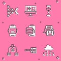 Set Neural network, Algorithm, Chat bot, Cloud technology data transfer, Server, Data and Binary code icon. Vector