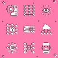 Set Neural network, Artificial intelligence AI, Binary code, Network cloud connection, and icon. Vector Royalty Free Stock Photo