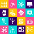 Set Neural network, Artificial intelligence AI, Processor CPU, robot, and Cloud database icon. Vector Royalty Free Stock Photo