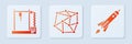 Set Neural network, 3D printer and Rocket ship with fire. White square button. Vector