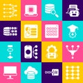 Set Neural network, Funnel filter, Graduation cap, Server, Computer api interface, Binary code, and icon. Vector Royalty Free Stock Photo