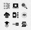 Set Neural network, Processor CPU, Graduation cap, Binary code, Chat bot, Cloud database and icon. Vector Royalty Free Stock Photo
