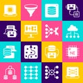 Set Neural network, Processor CPU, Network cloud connection, Server, Data, Algorithm, Chat bot, and icon. Vector