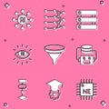 Set Neural network, Server, Data, Artificial intelligence AI, Funnel filter, robot, Algorithm and Graduation cap icon Royalty Free Stock Photo