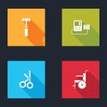 Set Neurology reflex hammer, Blood pressure, Medical scissors and Wheelchair for disabled person icon. Vector Royalty Free Stock Photo