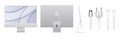 Set of new silver Apple iMac equipment, which transformed by the M1 chip, realistic vector illustration. iMac is family