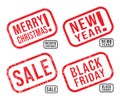 Set Of The New Year, Christmas, Black Friday And Sale Rubber Stamps With Grunge Textures