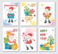 Set of New Year and Christmas cards for 2020. Funny and cute santa claus and christmas elements for decoration. Watercolor illustr