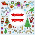 A set of New Year and Christmas elements in the style of a doodle. Bright, colorful vector illustration. Royalty Free Stock Photo