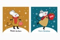 Set New year and Christmas greeting card in vector. Cute cartoon mouse. Funny and happy new year mice red, gold and silver. Royalty Free Stock Photo