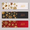 Set of New Year 2017 or Christmas horizontal banners with gold stars and snowflakes. Royalty Free Stock Photo