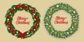 Set New year and Christmas wreath. Traditional garland with snowflakes, ribbons, golden and silver baubles on Christmas tree Royalty Free Stock Photo