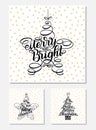 Set New Year Greeting Cards, lettering design. Vector illustration, black letters isolated on white background with golden stars.