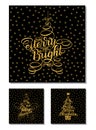 Set New Year Greeting Cards, lettering design. Vector illustration isolated on black background with golden stars and letters. 365