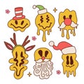 Set of New year groovy melting smile icons wearing Santa hat, horns and beard. Christmas hippie smiling emotion faces