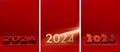 Set of New Year 2024 red and golden 3d numbers for calendar header on clean bright red vertical cards with place for text and