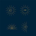 Set of New Year's celestial bodies. Beautiful golden stars, the sun and moons in a circle of twinkling. For the design