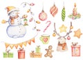 A set of New Year\'s items on a white background. Watercolor cute picture. Elements for making festive products