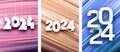 Set of New Year 2024 vertical cards with numbers made of white paper on pink, peach, blue textured backgrounds