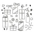 Set of New Year and Xmas icons for decorating gifts in doodle style. Isolated on white background. Winter elements for banners, Royalty Free Stock Photo
