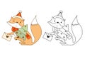 Set of New Years fox in a scarf and Santa hat with a Christmas tree and a letter. Animal - color and outline drawing