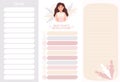 Set of New Years resolutions, Do List and Notes. Planner with a cute girl with a calendar. Vector illustration. Note