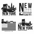 Set of New York, Brooklyn Bridge typography for t-shirt print. Stylized Brooklyn Bridge silhouettes. Tee shirt graphic