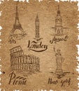 Set of New york, Moscow, Paris, Rome, London labels on a kraft paper Royalty Free Stock Photo