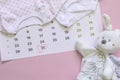 Set of newborn accessories in anticipation of child - calendar with circled number 31 thirty one, baby clothes, toys on pink