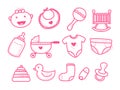 Set of newborn baby doodle vector illustration with pink color Royalty Free Stock Photo
