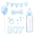 Set for newborn boy, blue flags, milk bottle, pacifier, bow, balloon. Hand drawn watercolor illustration isolated on Royalty Free Stock Photo