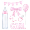 Set for newborn girl, pink flags, milk bottle, pacifier, bow, balloon. Hand drawn watercolor illustration isolated Royalty Free Stock Photo