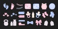 Set newborn hand drawn elements. Gender party vector icons. Birth stats illustrations. Set baby metric colored doodles