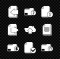 Set Next page arrow, Unknown document folder, Finance, Document and check mark, Delete, and Cloud upload icon. Vector Royalty Free Stock Photo