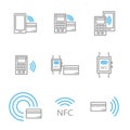 Set of nfc icons featuring smartphone and bank payment card, smart clock in gray and blue, showing the possibility of
