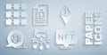 Set NFT Digital crypto art, Ethereum ETH, Document and lock and blockchain technology icon. Vector