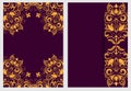 Set of nifty template for design invitations and greeting cards. Ornate elegant pattern gold on purple in Damascus style.